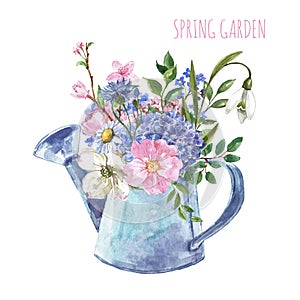 Watercolor flowers in a rustic watering can. Spring hand painted floral illustration. Spring seasonal holiday decor, Easter card