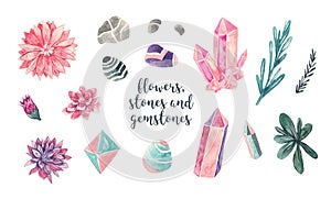Watercolor flowers, stones and gemstones