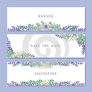 Watercolor flowers with text banner, lush flowers aquarelle hand painted isolated on white background. Design border for card, sav