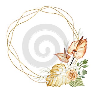 Watercolor flowers and tropical floral, wildfloral wreath. Dried branches, peony, Anthurium.