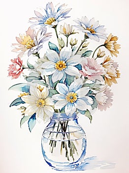 Watercolor Flowers in a vase. Beautiful colored flowers. photo
