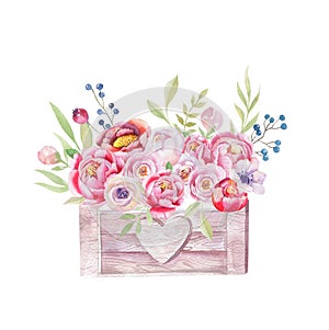 Watercolor flowers wooden box. Hand-drawn chic vintage garden ru