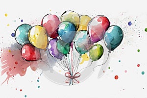 Watercolor flying birthday balloons. Generative ai