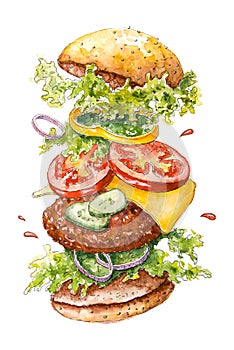 Watercolor flying burger. Beef hamburger with steak, cheese, bacon, salad and vegetables. Hand drawn fast food. Bright watercolor