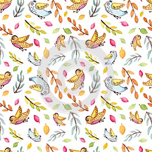 Watercolor Flying Funny Birds, Tree Branches And Leaves Repeat Pattern