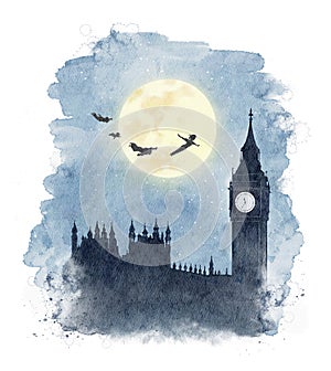 Watercolor flying silhouettes of Peter Pan and children of Tower Big Ben in moon night