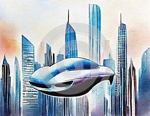 Watercolor of flyingin a futuristic skyscrapers photo