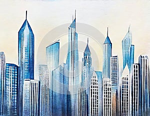 Watercolor of flyingin a futuristic skyscrapers photo