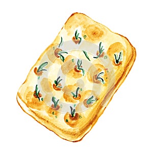 Watercolor focaccia with rosemary isolated on white background. Hand drawn illustration fo book, magazine, restaurant