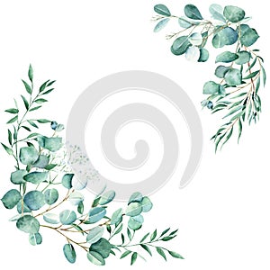 Watercolor foliage bouquets, corners. Eucalyptus, gypsophila and pistachio branches. True blue, willow, silver dollar