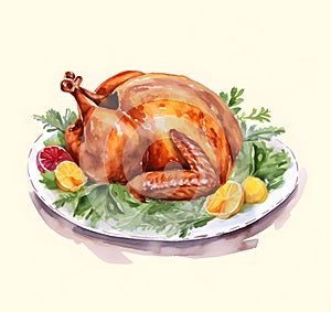 Watercolor Food Clipart , Roast Turkey, Christmas or Thanksgiving illustration