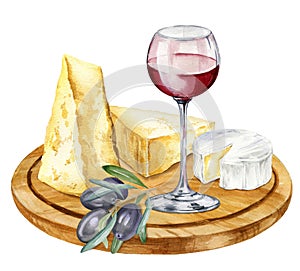 watercolor food composition with wineglass with red wine, brunch of olives and italian and french cheeses, brie