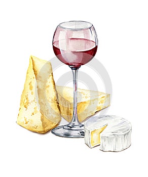 watercolor food composition with wineglass with red wine, and Italian and French cheeses, brie, camembert and parmesan