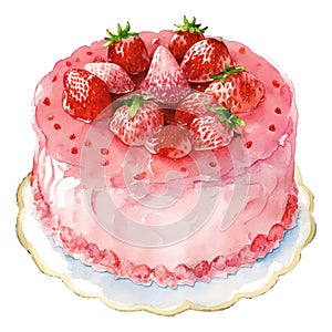 Watercolor food dessert elegant straberry cake created with generative AI technology