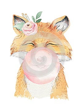 Watercolor forest cartoon isolated cute baby fox, animal with flowers. Nursery woodland illustration. Bohemian boho