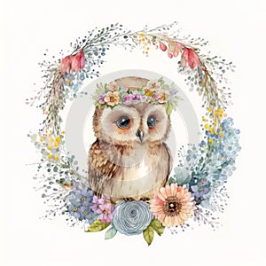 Watercolor forest cartoon isolated cute baby owl animal. Illustration AI Generative