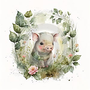 Watercolor forest cartoon isolated cute baby pig animal. Illustration AI Generative