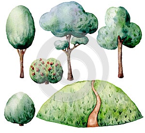 Watercolor forest constructor set. Hand painted green trees and bushes isolated on white background. Nature illustration