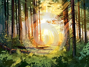 Watercolor forest illustration, highly detailed in a cartoon style