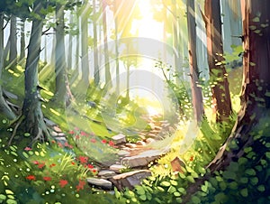 Watercolor forest illustration, highly detailed in a cartoon style