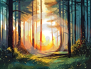 Watercolor forest illustration, highly detailed in a cartoon style