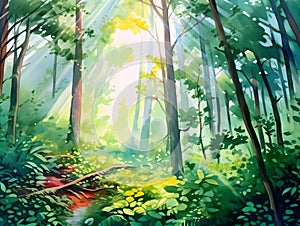 Watercolor forest illustration, highly detailed in a cartoon style