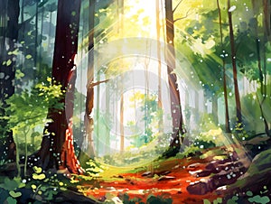 Watercolor forest illustration, highly detailed in a cartoon style