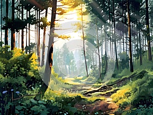 Watercolor forest illustration, highly detailed in a cartoon style