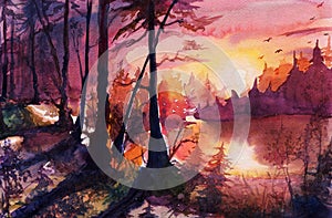 Watercolor forest landscape painting, beautiful abstract drawing art with sunset, sunrise, autumn, hand drawn fantasy art with nat