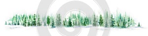 Watercolor forest landscape panorama. Misty blue fir forest. Wild nature, frozen, misty, taiga. Abstract long horizontal