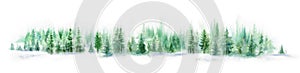 Watercolor forest landscape panorama. Misty blue fir forest. Wild nature, frozen, misty, taiga. Abstract long horizontal photo