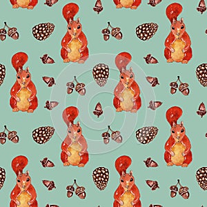 Watercolor forest pattern with squirrel, acorns and cone.
