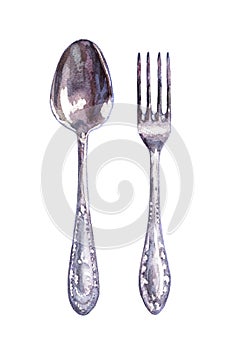Watercolor fork and spoon