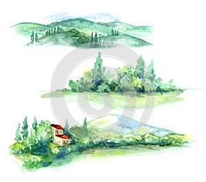 Watercolor Fragments of Rural Scene with Hills  and Trees