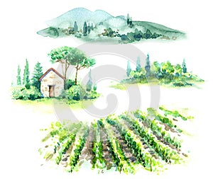 Watercolor Fragments of Rural Scene with Hills, Vineyard  and Trees