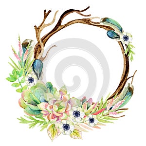 Watercolor frame with anemone and herbs