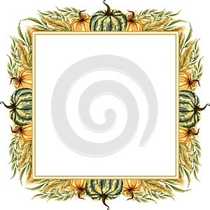 Watercolor frame with autumn pumpkins. Floral arrangement with color pumpkins and dried twigs. Harvest Wreath.