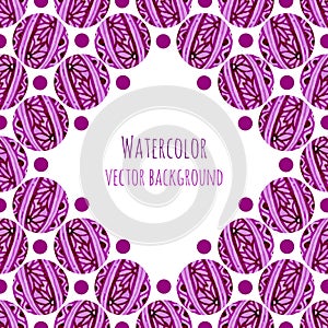 Watercolor frame background with pink floral circles knitting texture. Hand drawn vector illustration