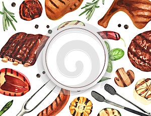 Watercolor frame barbecue. Elements for cooking bbq - grill, chicken and meat. Hand-drawn illustration isolated on white
