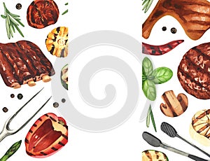 Watercolor frame barbecue. Elements for cooking bbq - grill, chicken and meat. Hand-drawn illustration isolated on white