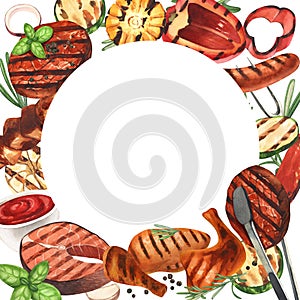 Watercolor frame barbecue. Elements for cooking bbq - grill, chicken and meat. Hand-drawn illustration isolated on white