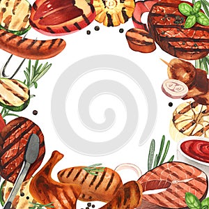 Watercolor frame barbecue. Elements for cooking bbq - grill, chicken and meat. Hand-drawn illustration isolated on white