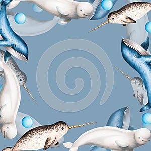 Watercolor frame with beluga, blue whale and narwhal isolated on white background. Hand painting realistic Arctic and