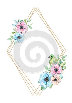 Watercolor frame with bird and flowers isolated on white background. Cute illustration for greeting cards, wedding invitations