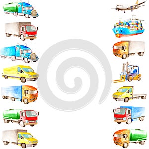 Watercolor frame border of cartoon cargo vehicle, transport, trucks and carriers, ship and plane with a white copy space