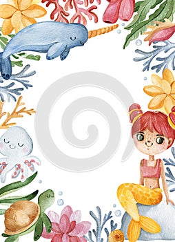 Watercolor frame border with seaweeds,sea creatures,little mermaids and corals