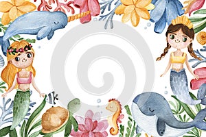 Watercolor frame border with seaweeds,sea creatures,little mermaids and corals.Underwater collection