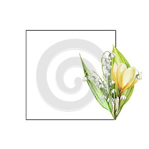 Watercolor frame with bouquet of yellow and white blooming crocus and lily of the valley flowers isolated on white