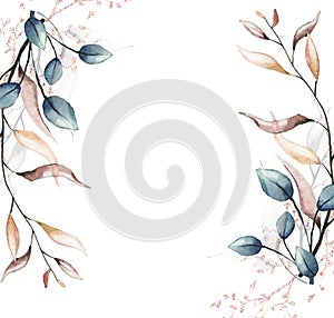 Watercolor frame with branches, leaves, pink gold dust graphic elements. Vector traced illustration