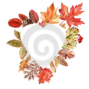 Watercolor frame with bright multicolored autumn leaves and maple winglets, chestnut fruits, oak acorns and pine cones